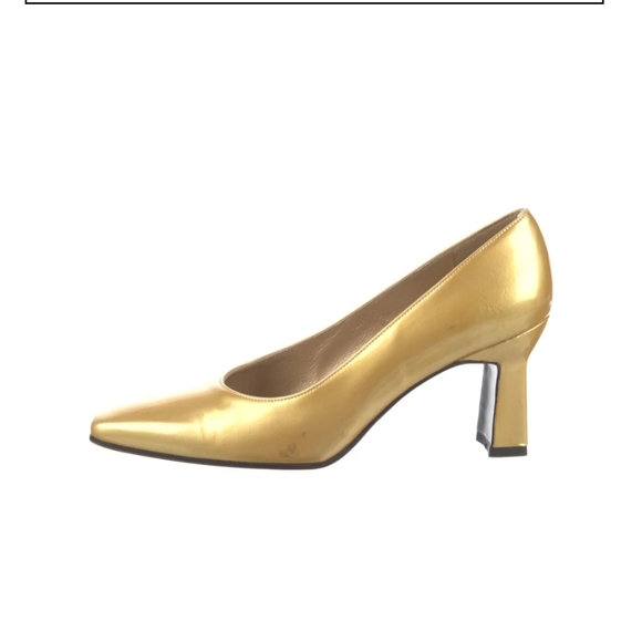Stuart Weitzman Vintage Gold Patient Leather Square Toe Pumps Heels Sz 8M 1038 - Picture 6 of 9